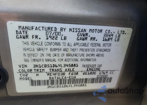 2000 Nissan Sentra Base z USA, uszkodzony, nr VIN 3N1CB51D6YL345881